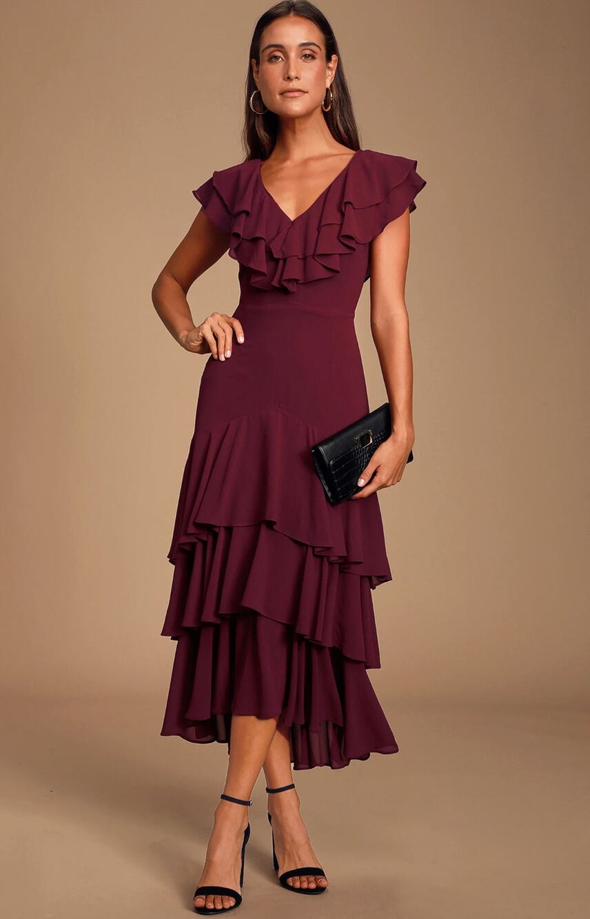 Lulus Betsey Burgundy Ruffled Midi Dress Cocktail Chiffon Party Formal Large NWT